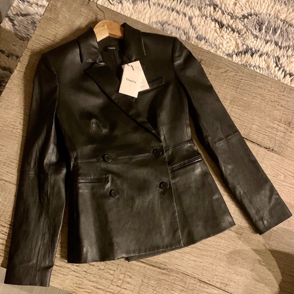 Theory Lamb Leather Blazer in Black. - Picture 7 of 11